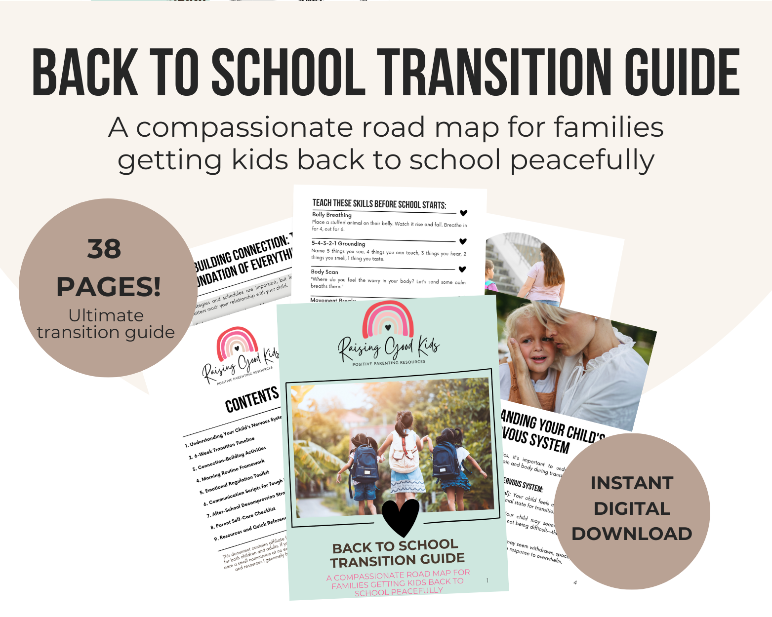 Back to School Transition Guide with images of families and children, and text about its features.