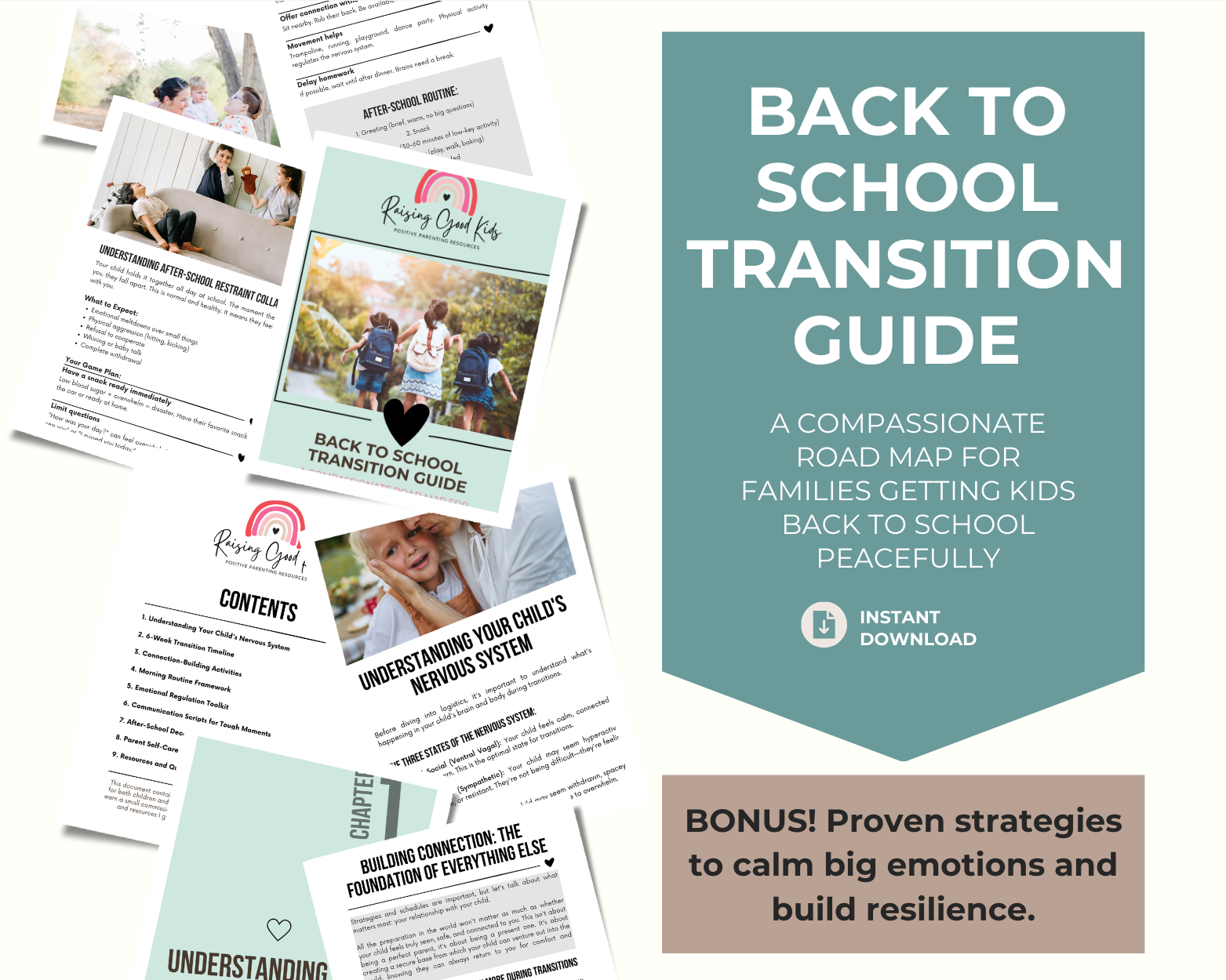 Back to School Transition Guide with various pages displayed and a promotional banner on a white background.