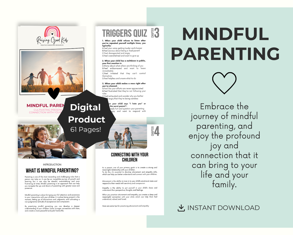Digital product for mindful parenting with pages and promotional text on a light blue background