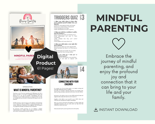Digital product for mindful parenting with pages and promotional text on a light blue background