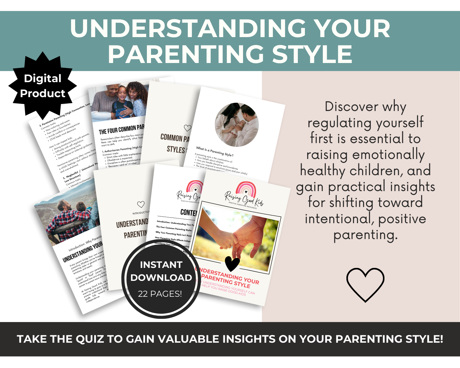 Digital product for understanding parenting style with 22 pages, instant download, and quiz option.
