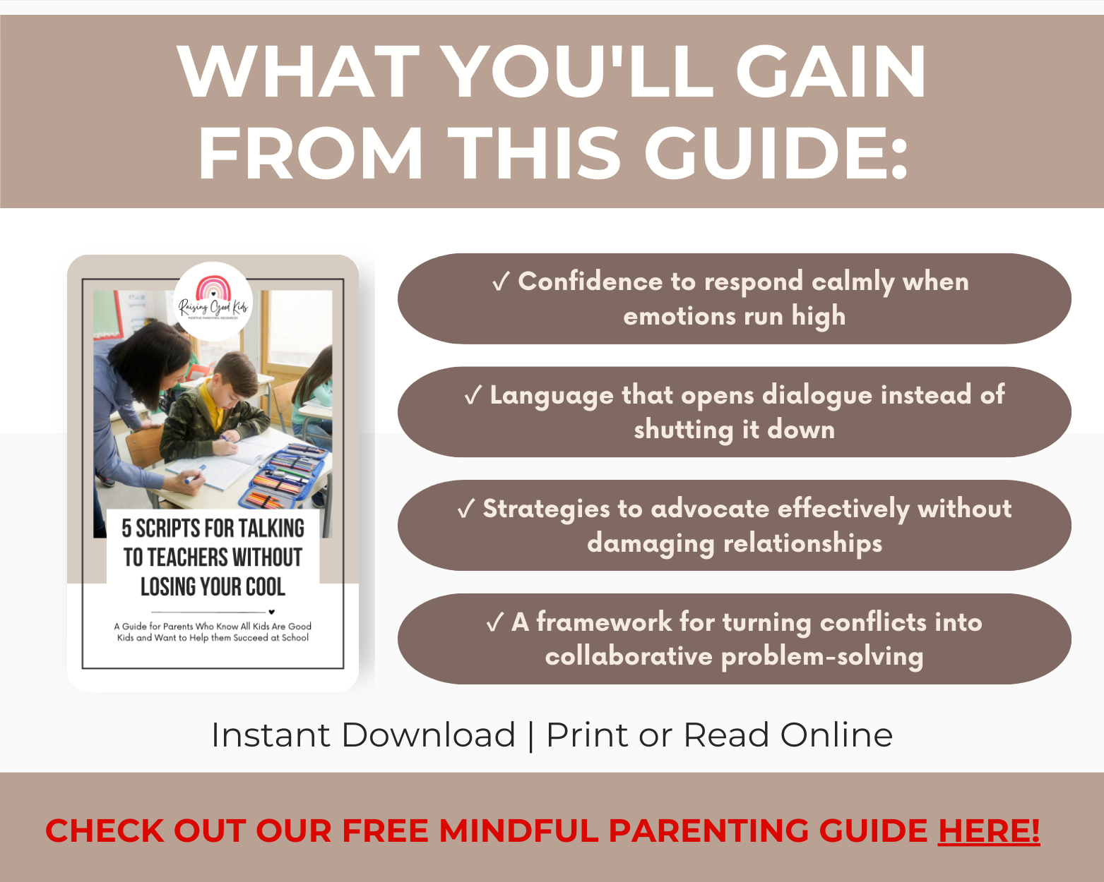 Promotional graphic for a free mindful parenting guide with text and a small image of a book cover.